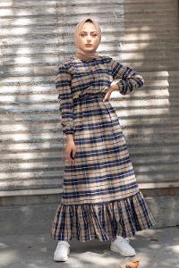 Modalamelif Eteği Fırfırlı Ekose Elbise Bej