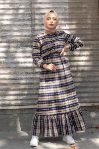 Modalamelif Eteği Fırfırlı Ekose Elbise Bej