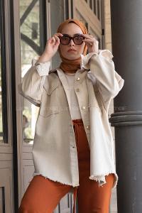 Modalamelif Eteği Püsküllü Kot Ceket Taş