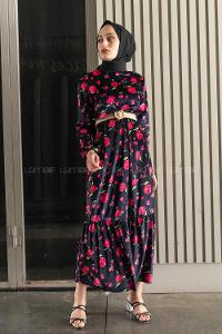 Modalamelif Kemerli Gül Desen Kadife Elbise Lacivert