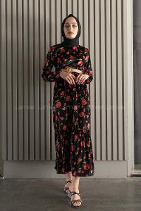 Modalamelif  Kemerli Gül Desen Kadife Elbise Siyah