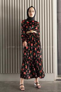 Modalamelif  Kemerli Gül Desen Kadife Elbise Siyah