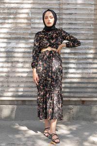 Modalamelif Hasır Kemerli Minimal Çiçek Kadife Elbise Siyah