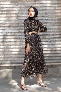 Modalamelif Hasır Kemerli Minimal Çiçek Kadife Elbise Siyah