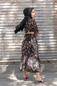 Modalamelif Hasır Kemerli Minimal Çiçek Kadife Elbise Siyah