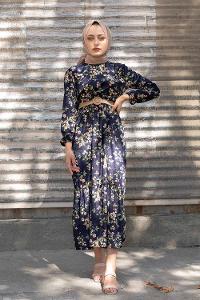 Modalamelif Hasır Kemerli Papatya Desen Kadife Elbise Lacivert