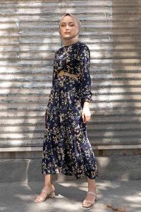 Modalamelif Hasır Kemerli Papatya Desen Kadife Elbise Lacivert