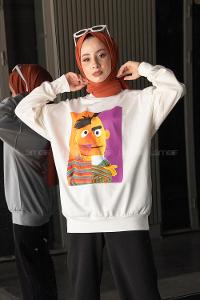 Modalamelif Karikatür Baskılı Sweatshirt Beyaz