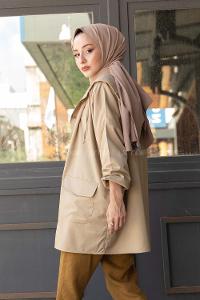 Modalamelif Kol Lastikli Kapşonlu Kap Bej