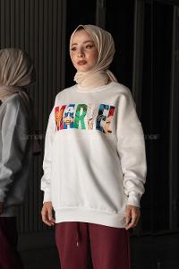 Modalamelif Ön Karikatür Baskılı Sweatshirt Beyaz