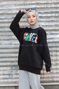 Modalamelif Ön Karikatür Baskılı Sweatshirt Siyah