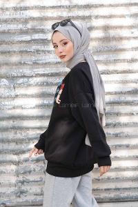 Modalamelif Ön Karikatür Baskılı Sweatshirt Siyah