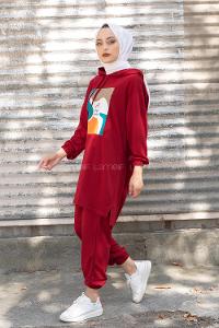 Modalamelif Önü Baskılı İkili Takım Bordo