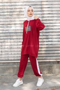 Modalamelif Önü Yazı Baskılı Garnili İkili Takım Bordo