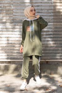 Modalamelif Önü Yazı Baskılı Garnili İkili Takım Haki