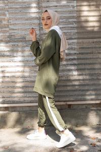 Modalamelif Önü Yazı Baskılı Garnili İkili Takım Haki