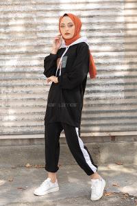 Modalamelif Önü Yazı Baskılı Garnili İkili Takım Siyah