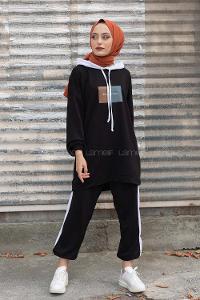 Modalamelif Önü Yazı Baskılı Garnili İkili Takım Siyah