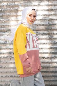 Modalamelif Whats Yazı Baskılı Sweatshirt Hardal Pudra