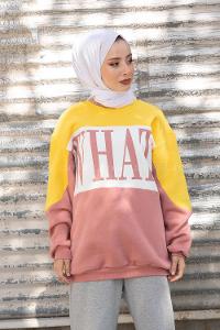 Modalamelif Whats Yazı Baskılı Sweatshirt Hardal Pudra
