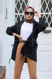 Modalamelif Eteği Lastikli Kapşonlu Yağmurluk Siyah