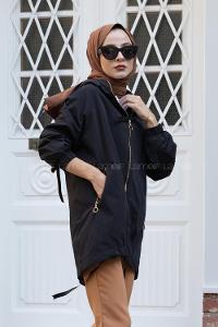 Modalamelif Eteği Lastikli Kapşonlu Yağmurluk Siyah