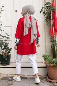 Modalamelif Kol Çizgili Sweatshirt Kırmızı