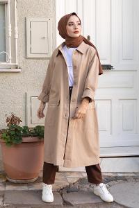 Modalamelif Önü Düğmeli Kapak Cepli Trenç Bej