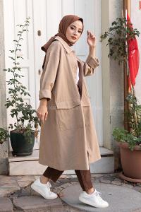 Modalamelif Önü Düğmeli Kapak Cepli Trenç Bej