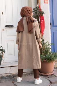 Modalamelif Önü Düğmeli Kapak Cepli Trenç Bej