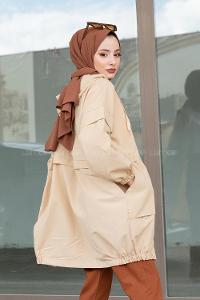 Modalamelif Bel Lastikli Yandan Cepli Trenç Bej