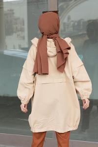 Modalamelif Bel Lastikli Yandan Cepli Trenç Bej