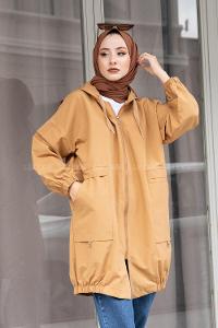 Modalamelif Bel Lastikli Yandan Cepli Trenç Camel