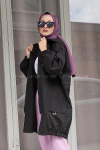 Modalamelif Bel Lastikli Yandan Cepli Trenç Siyah