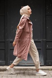 Modalamelif Ön Gizli Fermuarlı Kapşonlu Trenç Pudra