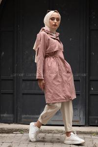 Modalamelif Ön Gizli Fermuarlı Kapşonlu Trenç Pudra