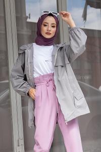 Modalamelif Önü Çıtçıt Düğmeli Kapşonlu Trenç Gri