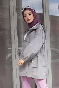 Modalamelif Önü Çıtçıt Düğmeli Kapşonlu Trenç Gri