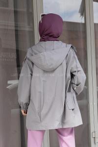 Modalamelif Önü Çıtçıt Düğmeli Kapşonlu Trenç Gri