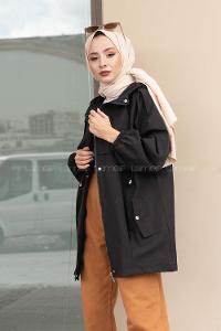 Modalamelif Önü Çıtçıt Düğmeli Kapşonlu Trenç Siyah