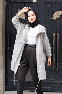 Modalamelif Önü Çıtçıt Düğmeli Kuşgözlü Trenç Gri