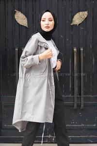 Modalamelif Önü Çıtçıt Düğmeli Kuşgözlü Trenç Gri