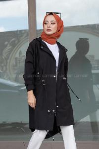 Modalamelif Önü Çıtçıt Düğmeli Kuşgözlü Trenç Siyah