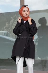 Modalamelif Önü Çıtçıt Düğmeli Kuşgözlü Trenç Siyah