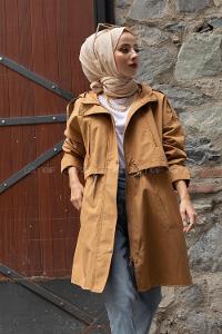 Modalamelif Önü Gizli Fermuarlı Kapşonlu Trenç Camel
