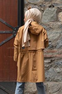 Modalamelif Önü Gizli Fermuarlı Kapşonlu Trenç Camel