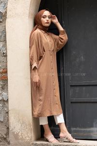 Modalamelif Yarasa Kol Pileli Gömlek Camel