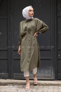 Modalamelif Yarasa Kol Pileli Gömlek Haki