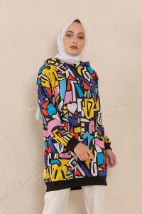 Modalamelif Bisiklet Yaka Pop-Art Desen Sweatshirt Siyah