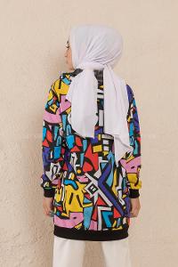 Modalamelif Bisiklet Yaka Pop-Art Desen Sweatshirt Siyah